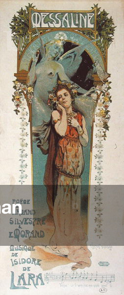 Poster advertising the performance of a poem 'Messaline' set to music performed at the Theatre de Monte Carlo in 1898 (colour litho)