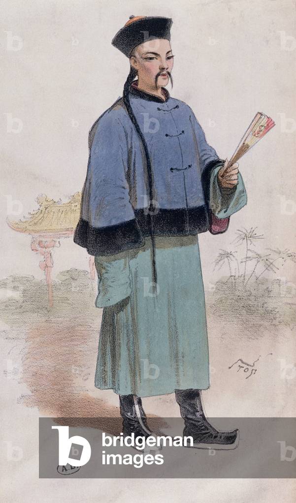 Mandarin in a fur trimmed coat with fan, c.1860 (colour litho)