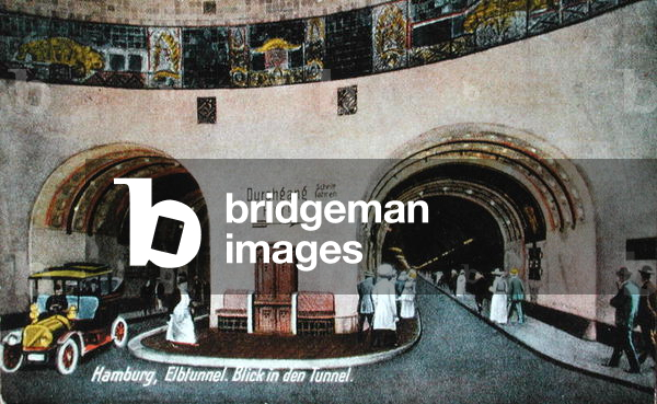 Postcard of the tunnel under the river Elbe in Hamburg, (coloured photo)