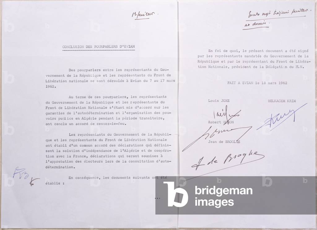The Evian Agreement (Accord d'Evian), 18th March 1962 (pen & ink on paper)