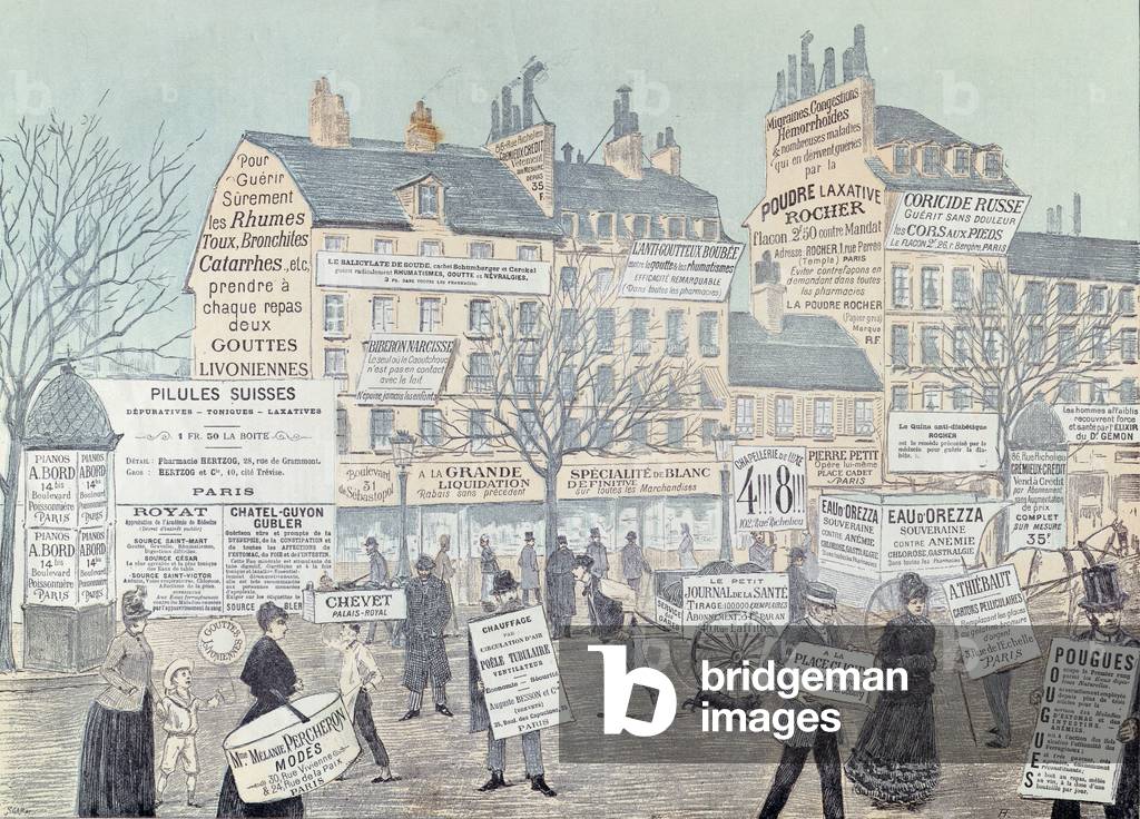 Paris Street Scene with many advertisements, mainly for medicines, 1885 (colour engraving)