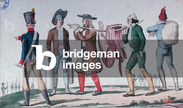 Norman and Breton recruits carrying supplies, from a series entitled 'The First Steps of a Military Career', early 19th century (coloured engraving)