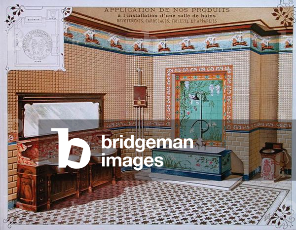 Advertisment for a bathroom design by 'Faiences de Sarreguemines & Digoin', c.1900 (colour litho)