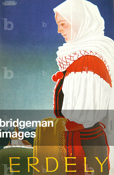 Traditional female Hungarian costume from the Erdely region of Romania, c.1935 (colour litho)