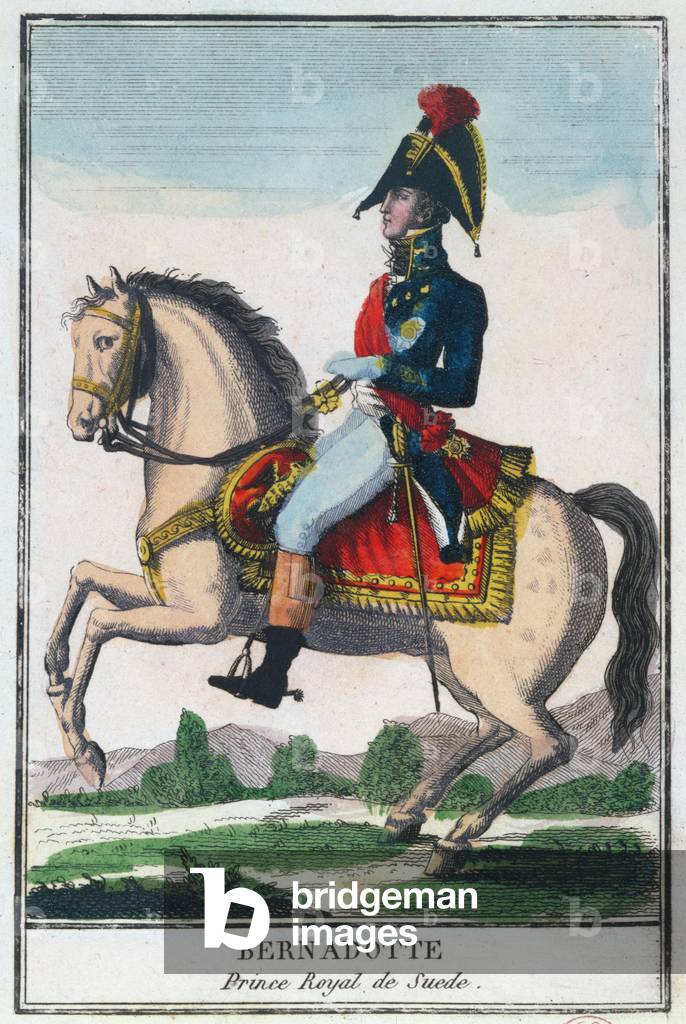 Equestrian portrait of Charles Jean Baptiste Bernadotte (1763-1844), early 19th century (colour engraving)