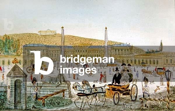 Emperor Francis II of Austria driving out of Schönbrunn Palace with his fourth wife, Caroline Augusta of Bavaria, 1821  (colour engraving)