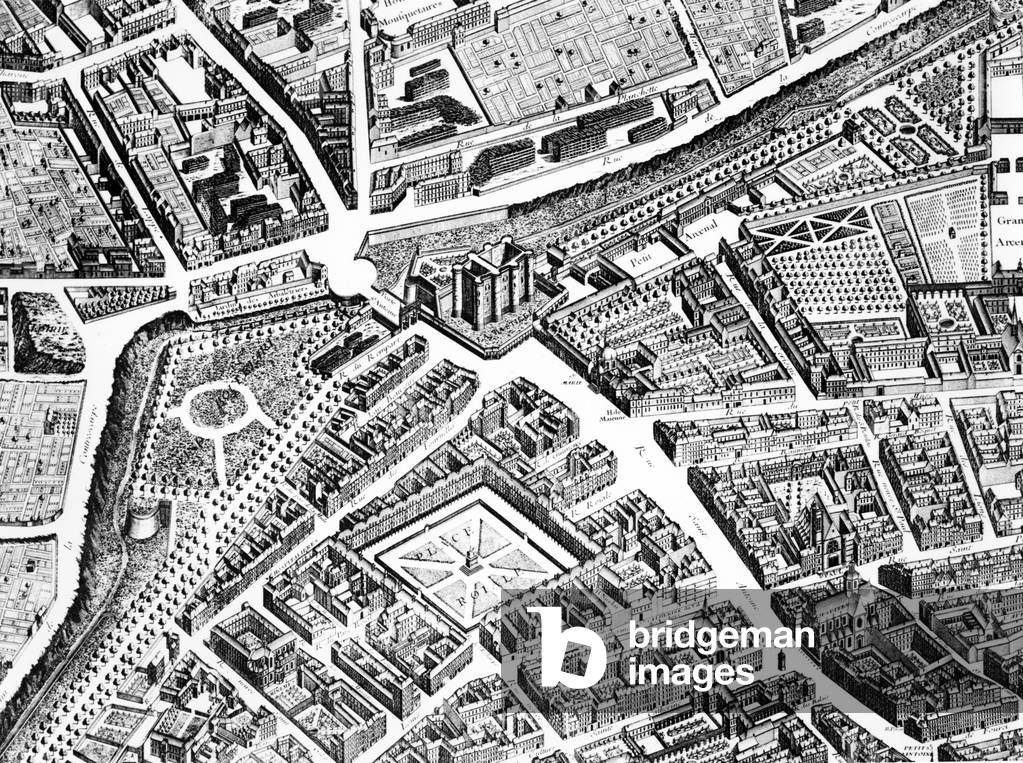The Bastille, the Place Royale (now Place des Vosges) and the Rue Saint-Antoine, detail from the Plan of Paris, known as the 'Plan de Turgot', engraved by Claude Lucas, 1734-39 (engraving) (detail of 233535)