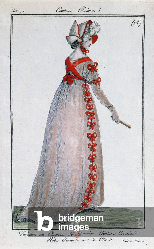Modisches Design für ein Pariser Damenkleid, ca. 1799 (Farbe litho)