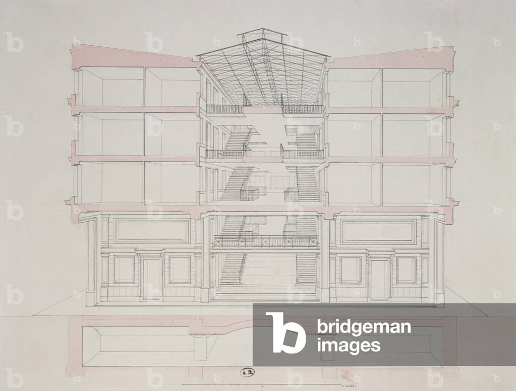 Cross-section of a house in the 'Napoleon' housing development, 58 rue Rochechouart, Paris, 1849 (colour litho)