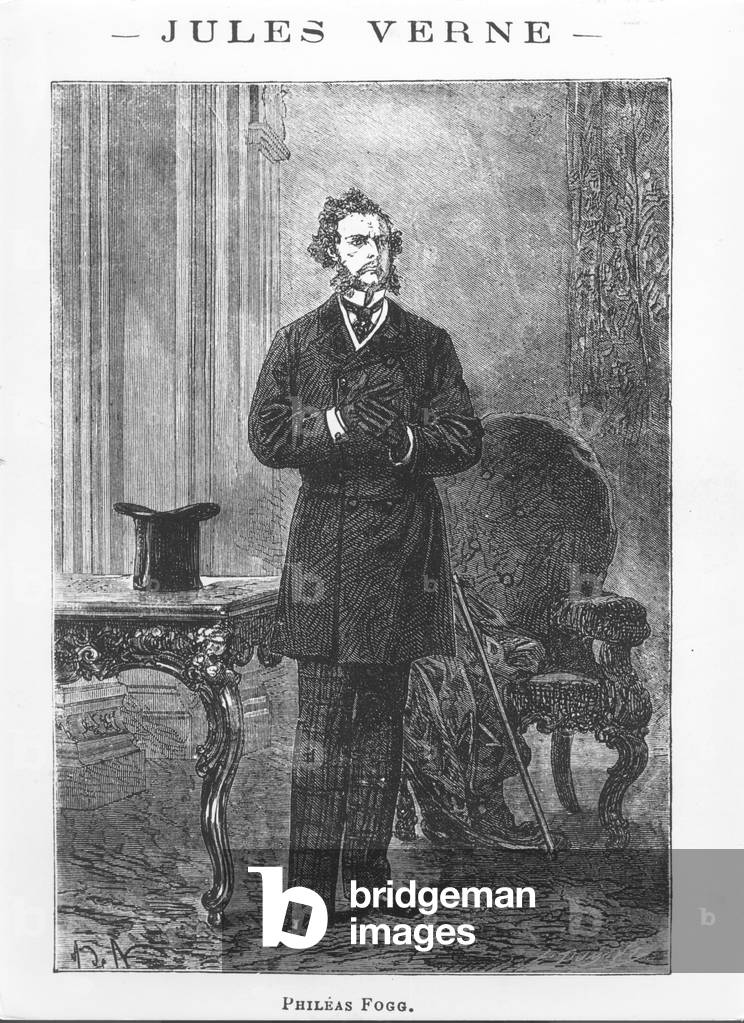 Portrait of Phileas Fogg, illustration from 'Around the World in Eighty Days' by Jules Verne (1828-1905) engraved by Louis Dumont (b.1822) (engraving) (b/w photo)