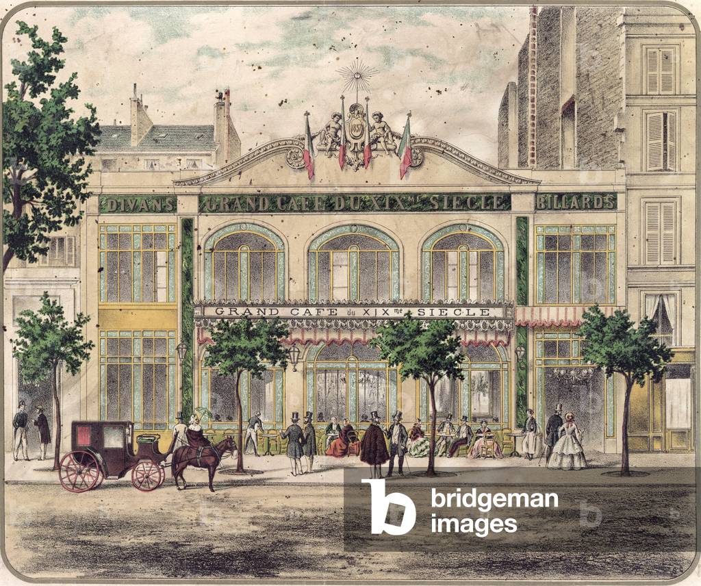View of the 'Grand Cafe du XIXeme Siecle', Paris, 1857 (colour litho)