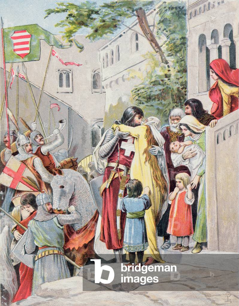 John Hunyadi abbraccia sua moglie, Erzsebet Szilagyi, mentre parte per la battaglia, c.1900 (colore lito)