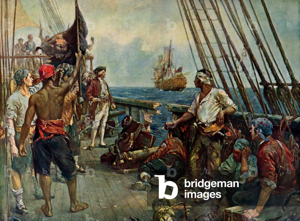 'Alas!', pirates watching their quarry sail away, 1909 (colour litho)