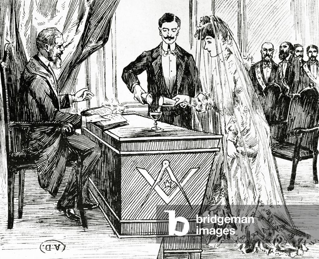 Mixing wine and water to symbolise union at a Masonic wedding in France, c.1900 (litho)