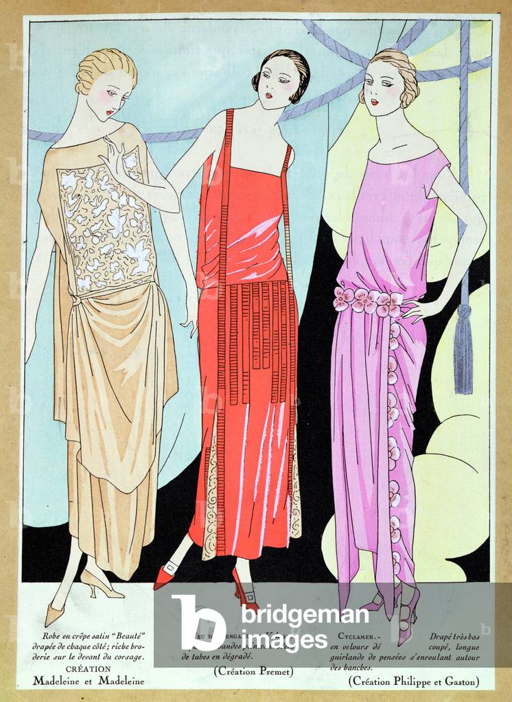 Disegni di moda per abiti da sera, 'Beaute' della Casa Madeleine & Madeleine, 'Feu de Bengale' della Casa Prem