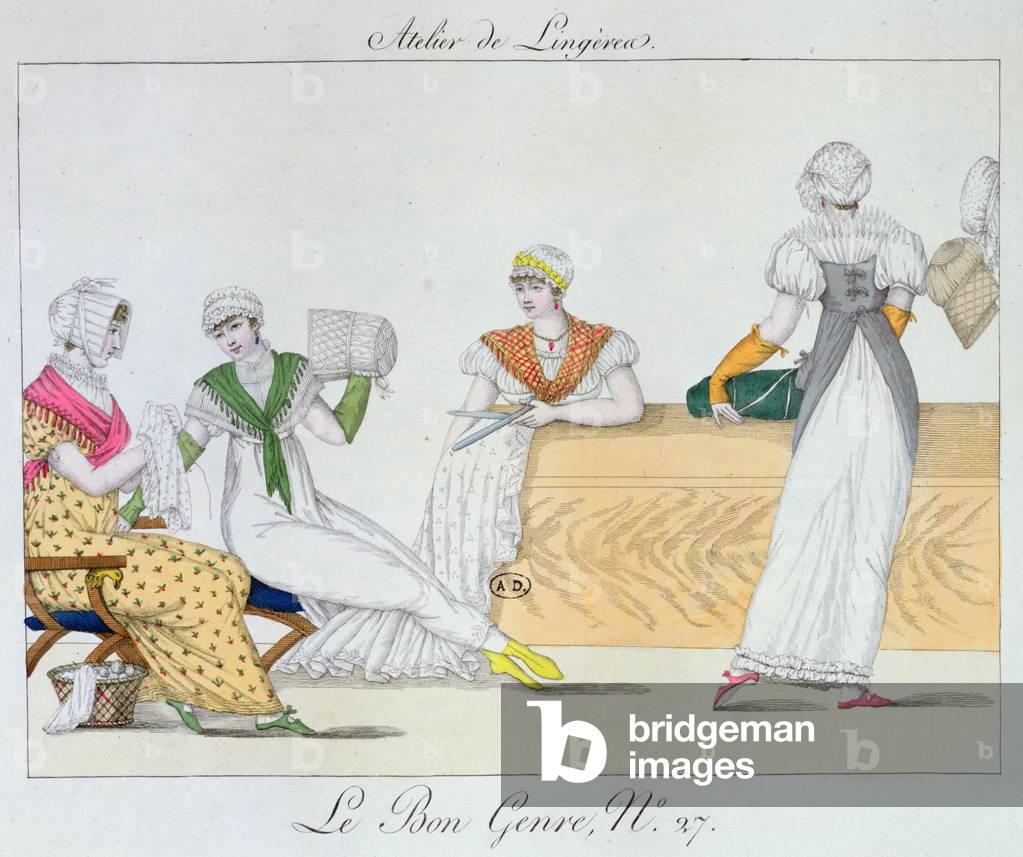 The Lingerie Workshop, plate 27 from 'Le Bon Genre', 1827 (coloured engraving)