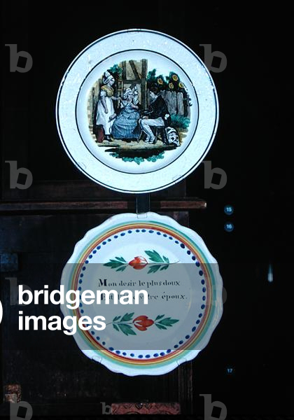 Two plates, the top depicting a couple being introduced, the bottom with the legend 'My sweetest desire is to be your husband' (ceramic)