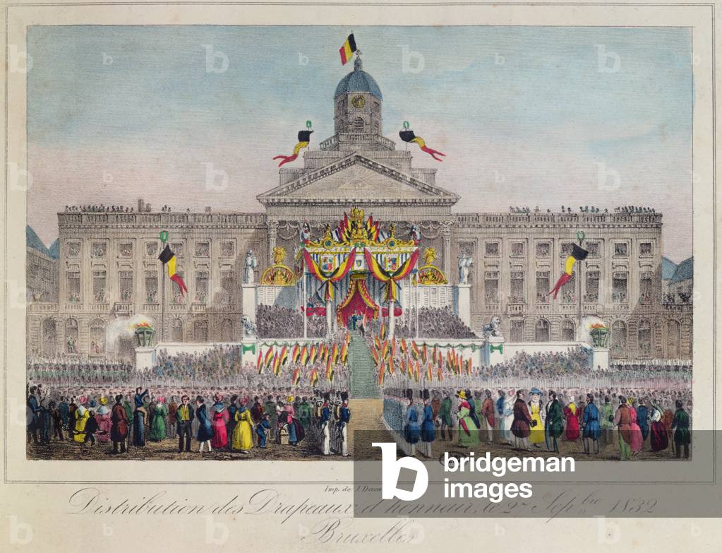 Distribuzione di Bandiere d'Onore a Bruxelles il 27 settembre 1832 (incisione a colori)