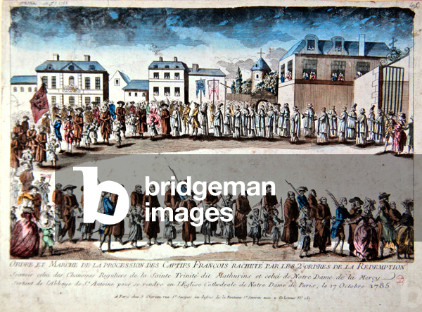 Procession in Paris of French prisoners released from captivity in Algeria by payment of ransom, 1785 (coloured engraving)