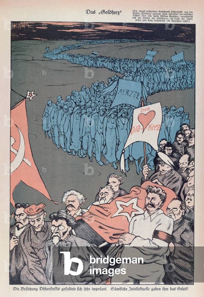 Caricatura della morte di Felix Dzherzhinsky (1877-1926), fondatore e direttore della CHEKA (colore lito)