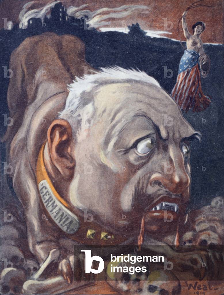 America capturing the German mad dog, caricature from 'La Baionette' magazine, 8th July, 1915 (colour litho)