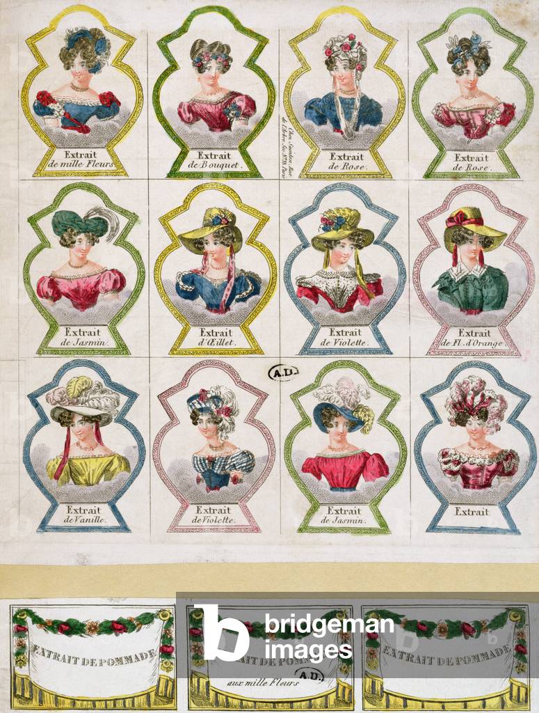 Labels advertising various flower extracts for a perfume shop, Paris, early 19th century (coloured engraving)