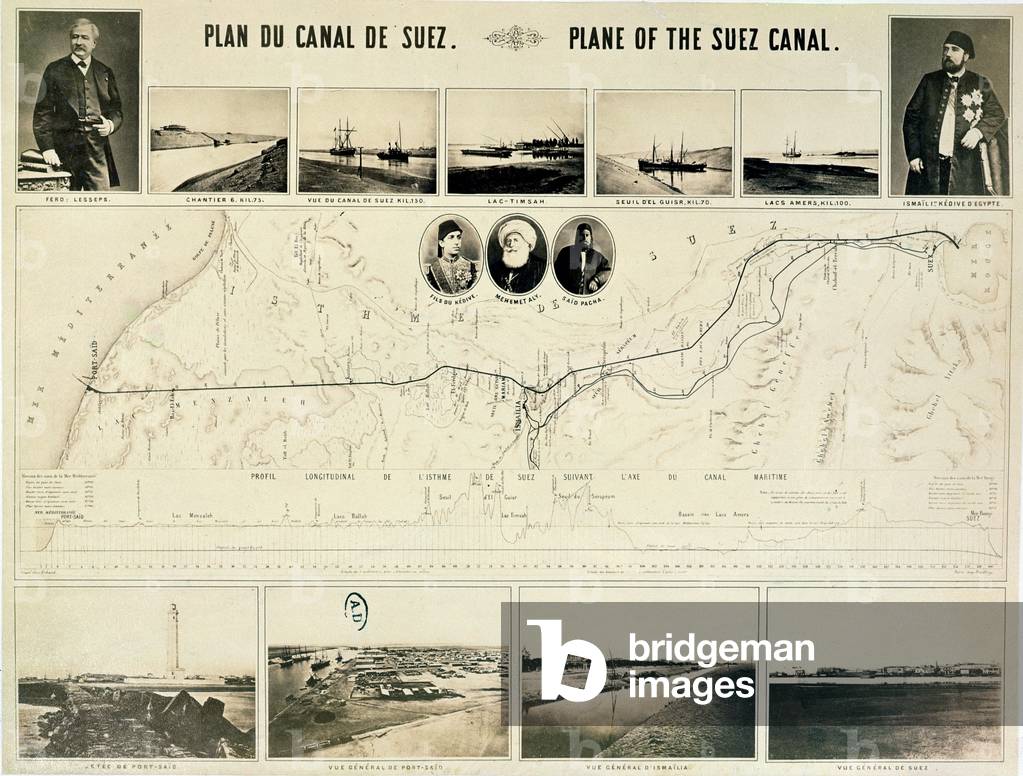 Map of the Suez Canal accompanied by different views and portraits of Ferdinand de Lesseps (1805-94) and Ismail Pasha (1830-95) 1869 (litho)