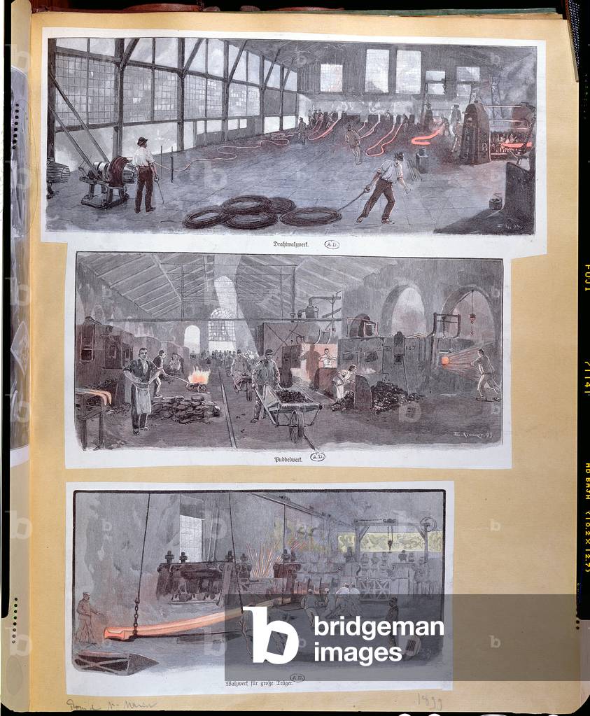 Scenes of steel production in German factories (colour litho)