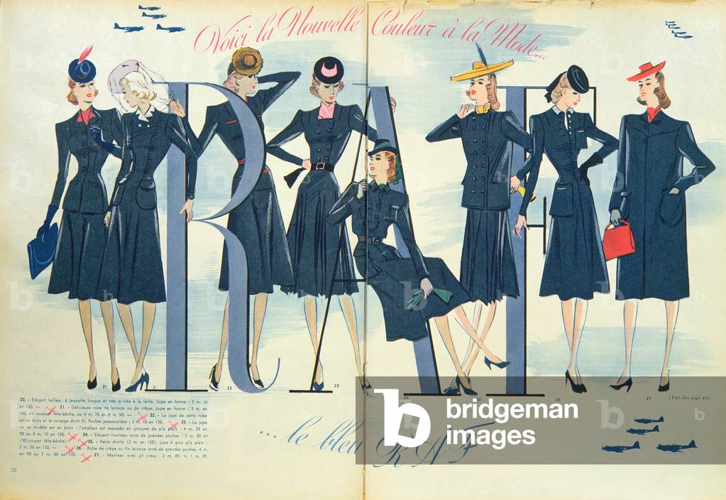 «R.A.F.» Blu, il nuovo colore alla moda del 1940, illustrazione di moda dalla rivista 'Marie-Claire ', 8 marzo