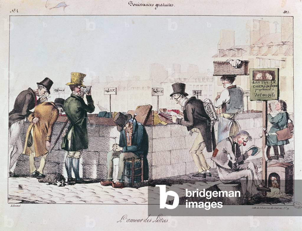 Bouquinistes along the banks of the river Seine in Paris, early 19th century (colour litho)