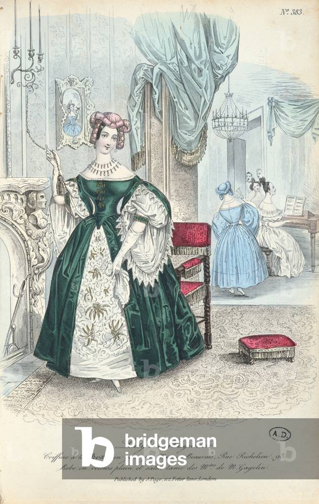 Dress in plain velvet and lame satin,  Parisian fashion plate from 'The Lady's Magazine',  published in London, 1831 (colour litho)