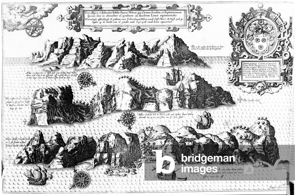 The Island of Saint Helena, illustration from Linschoten's 'Itinerario', 1596 (engraving)