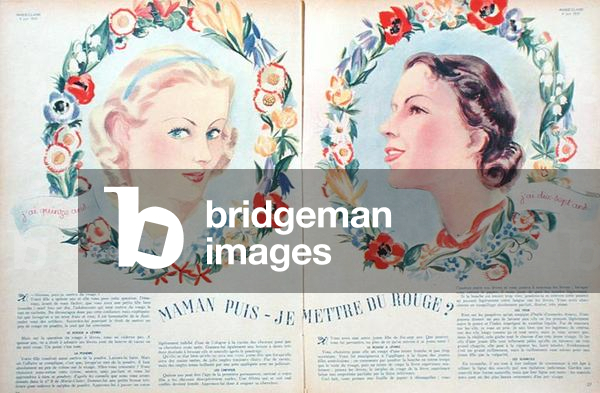 Make-up advice for mothers with 15 and 17 year old daughters, from 'Marie-Claire', June 1937 (colour litho)