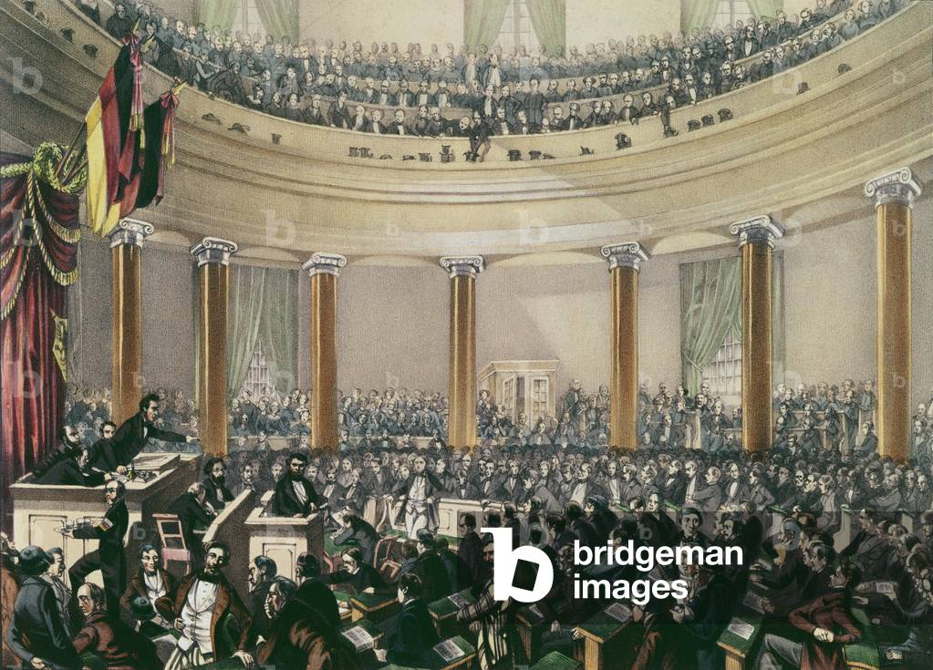 The National Assembly in the church St Paul, Frankfurt, convened in May 1848 (colour lithograph)