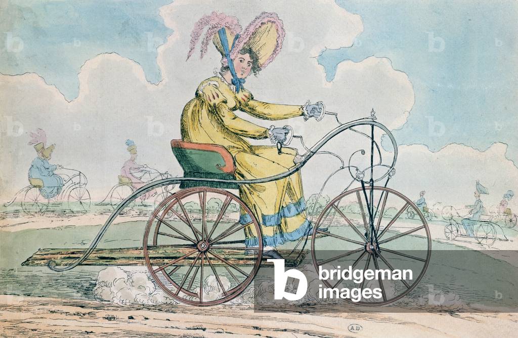 Bicycle with three wheels, the Ladies' hobby, 1819 (colour litho)