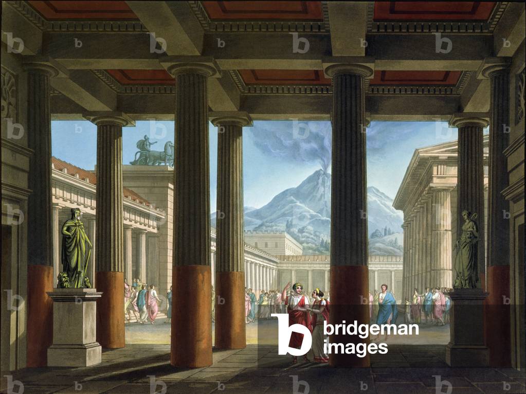 Entrance to the Amphitheatre, design for the opera 'L'Ultimo Giorno di Pompeii', 1827 (colour litho)