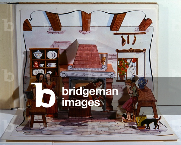 Cinderella in the Kitchen with her Stepmother and Stepsisters, c.1950 (colour litho)