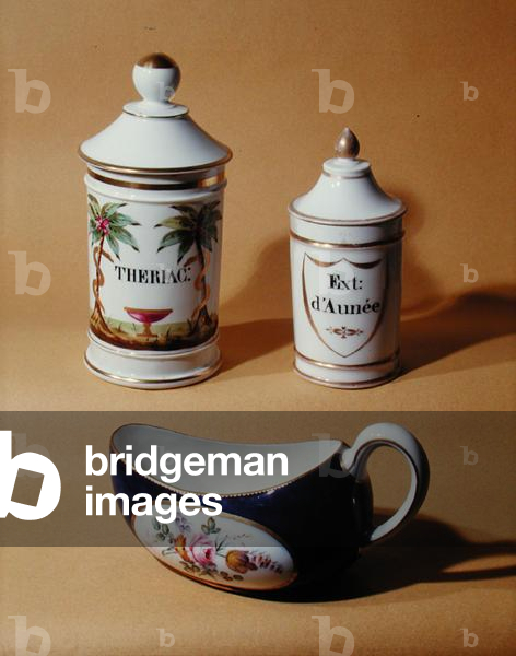 Pharmaceutical jars for Theriac and Aunee, 19th century, together with a chamberpot 'Bourdaloue', 1764 (ceramic)