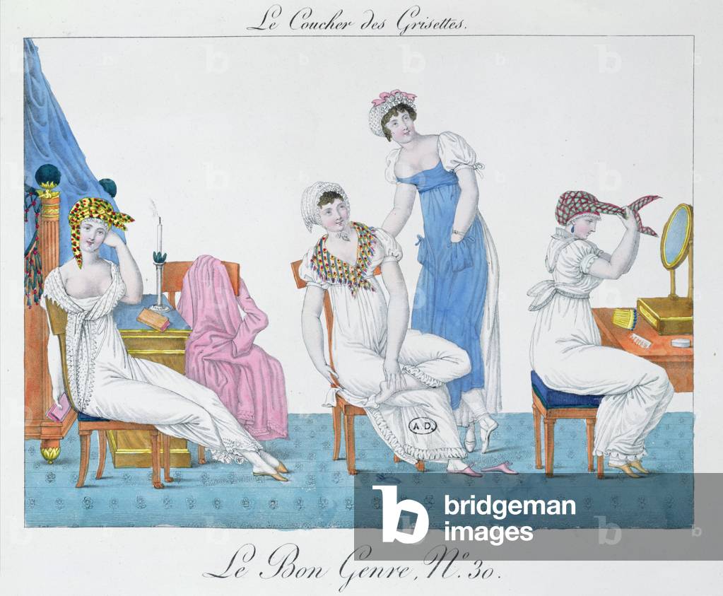 Grisettes Preparing for Bed, plate 30 from 'Le Bon Genre', early 19th century (colour litho)