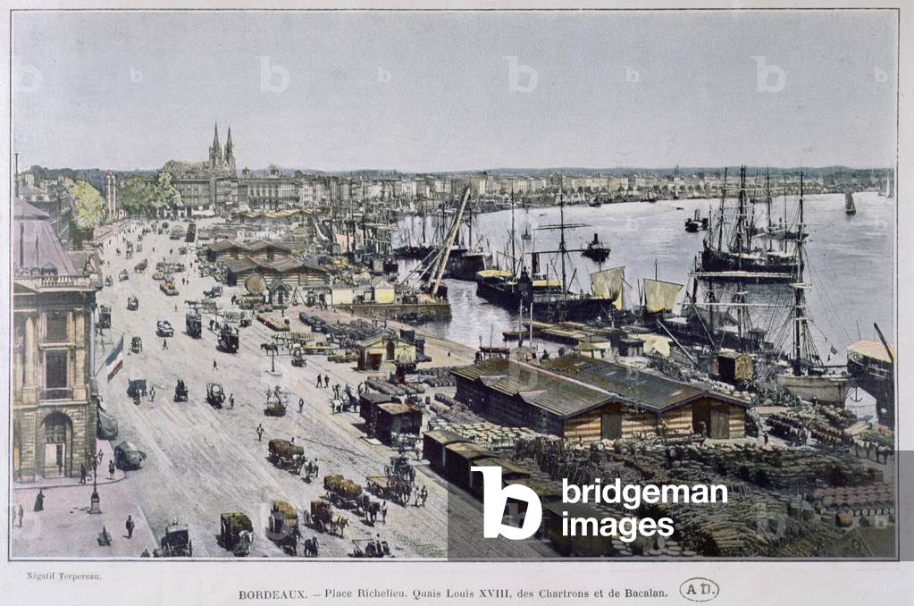 View of Bordeaux harbour with Place Richelieu and the Quais Louis XVIII, des Chartrons & de Bacalan, late nineteenth century (coloured photo)
