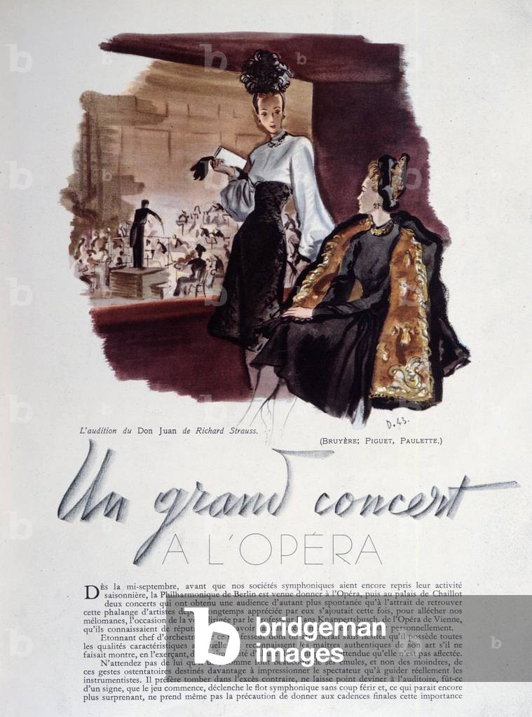 Article from 'Plaisir de France' describing two concerts of 'Don Juan' by Richard Strauss, given by the Berlin Philharmonic Orchestra at the Opera Garnier, Paris, November 1943 (colour litho)