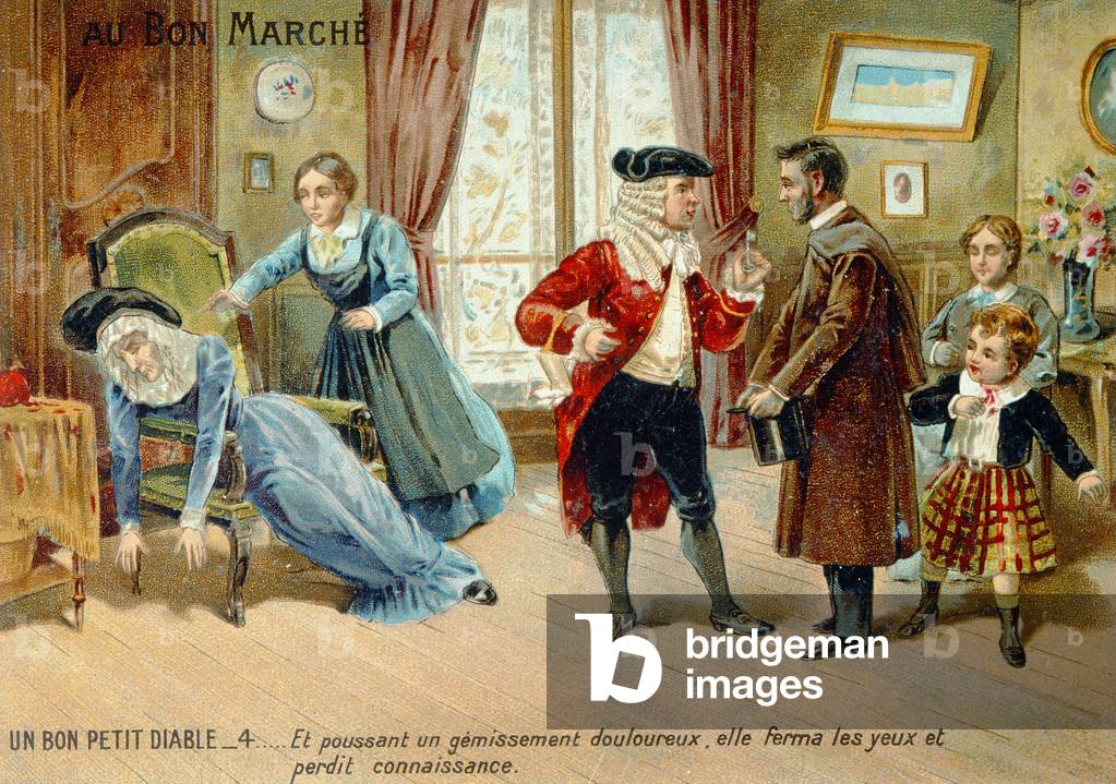 Promotional card advertising 'Le Bon Petit Diable' by Comtesse de Segur, late nineteenth century (colour litho)