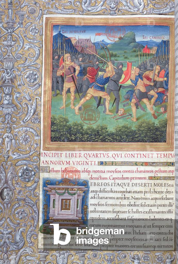Ms. 1581 f. 071  Illustration from Book IV ('From the Rejection of that Generation to the Death of Moses'), Chapter 1 of the 'Antiquities of the Jews' ('Antiquitates Judaicae') by Flavius Josephus -' Fight of the Hebrews with the Canaanites without the consent of Moses and their defeat', c.1503 (vellum) (see also 694957)



