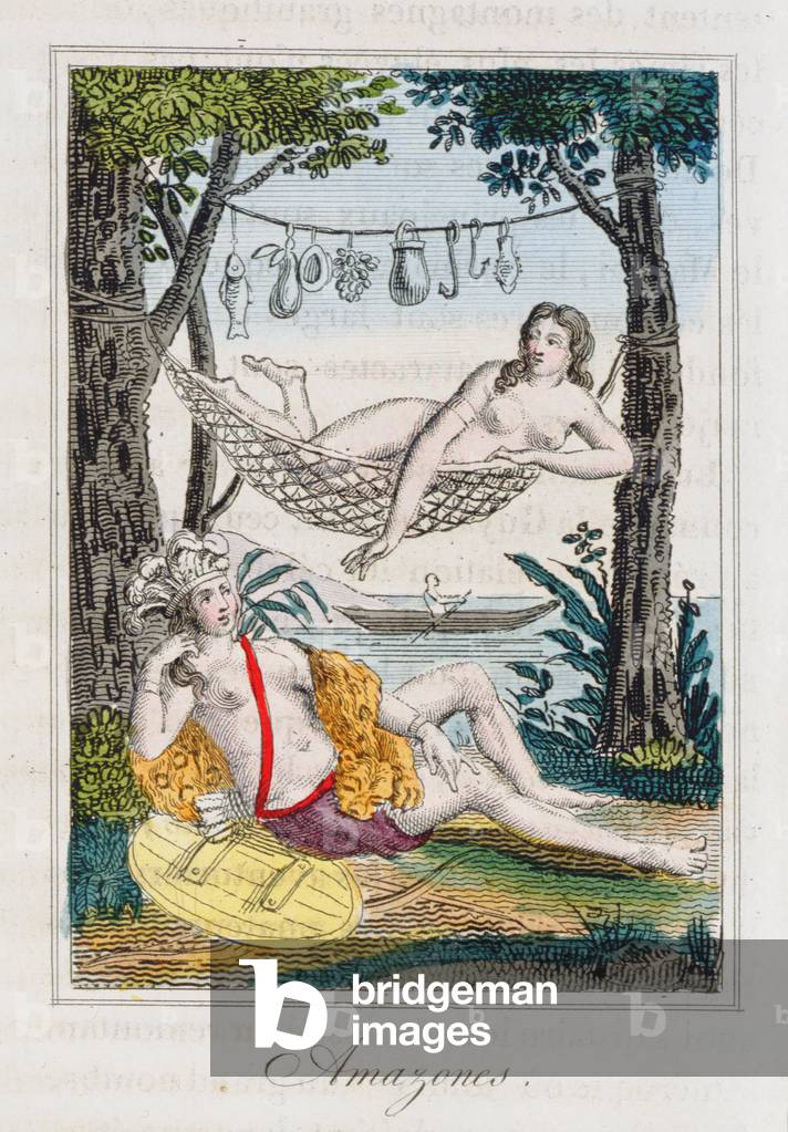 Amazons, illustration from 'Histoire des voyages autour du monde' by J. Dufay, published by Courvalet & Co., Paris, 1826 (colour engraving) 1826 (colour engraving)