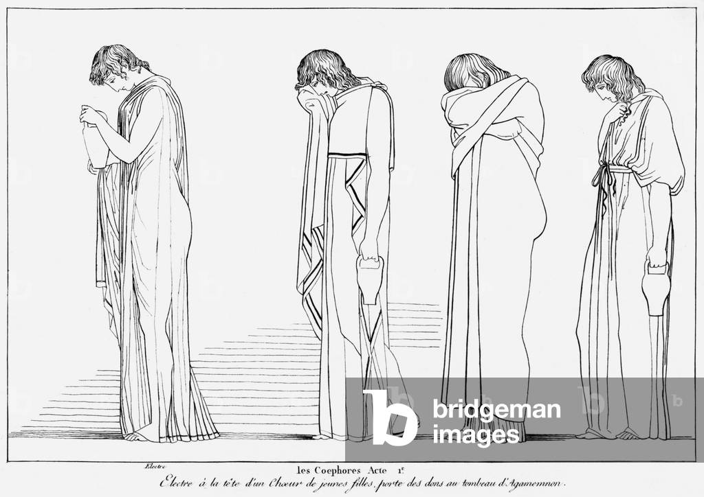 Electra und der Chor-Lagergefäße für die Libation auf dem Grab von Agamemnon, Illustration von “The Choephori”