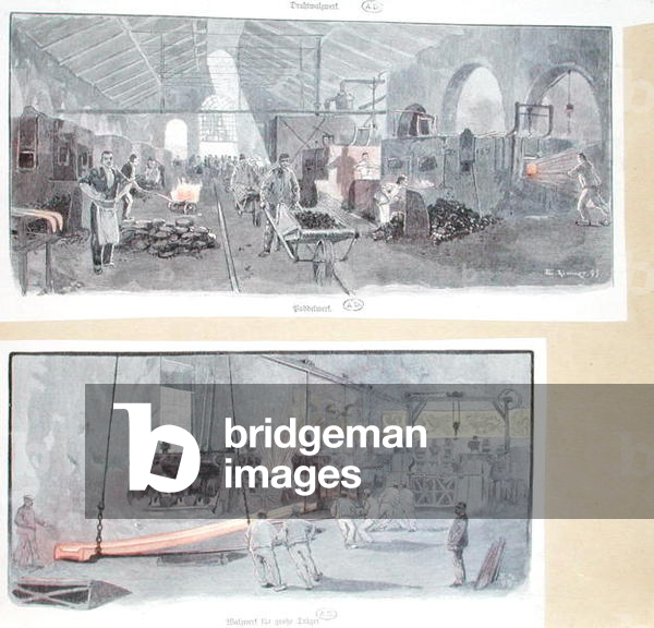 Scenes of steel production in a German factory (colour engraving)