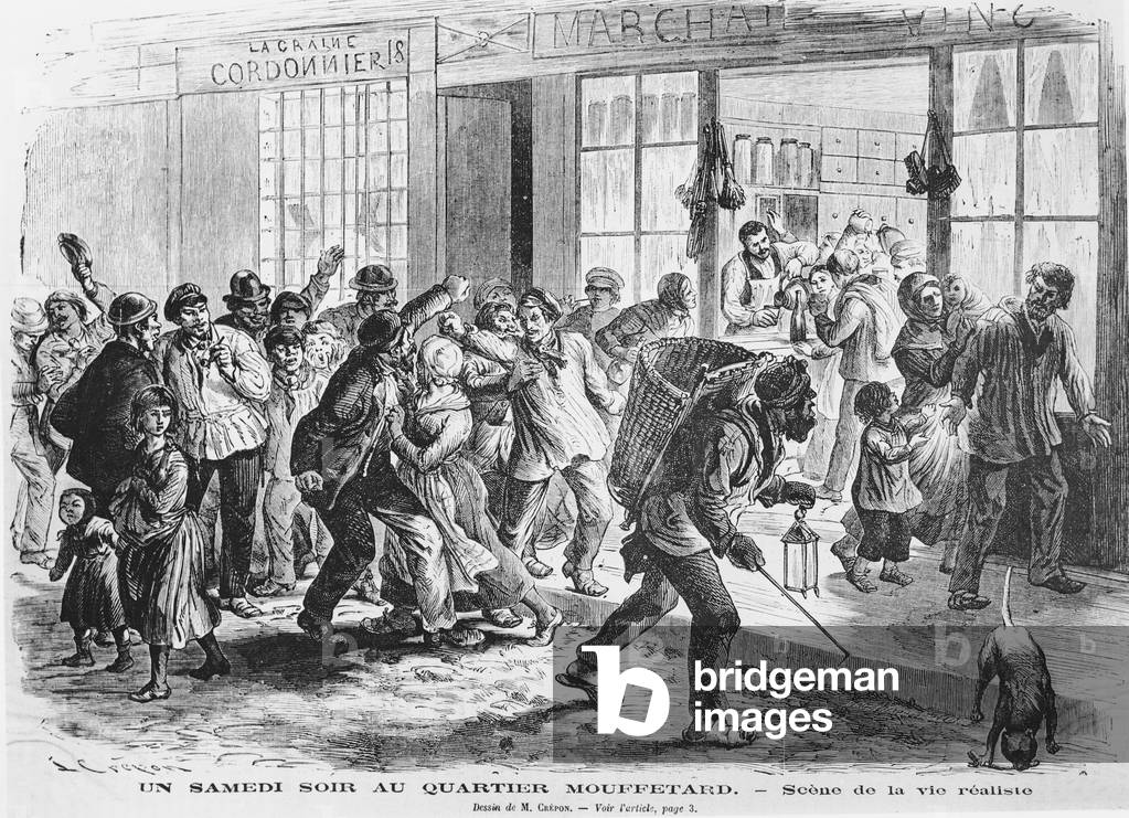 Saturday Evening in Mouffetard Quarter, c. 1860 (engraving) (b/w photo)