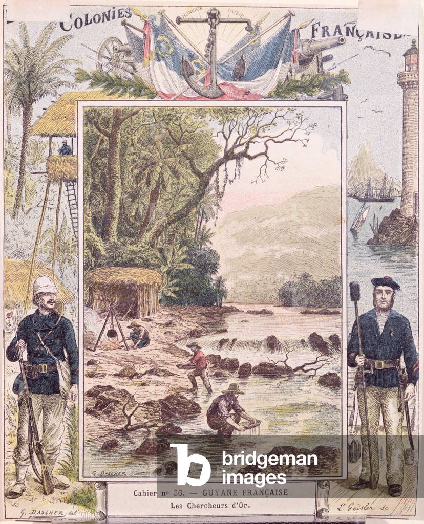 Gold Diggers in French Guyana, cover of school exercise book, c.1880 (colour litho)