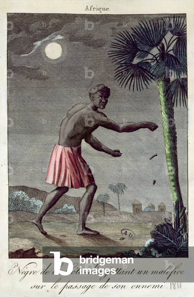 Gold Coast negro throwing a curse on the route of his enemy, 1811 (coloured engraving)