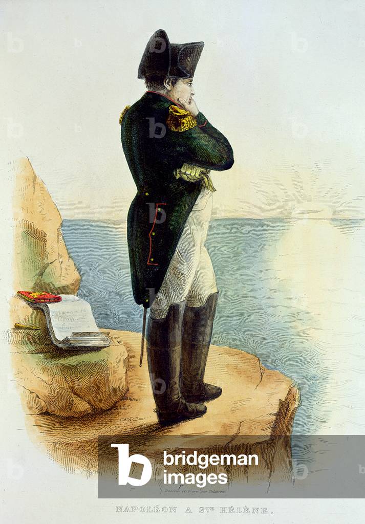 Napoleon on the island of Saint Helena, illustration from 'Le Plutarque Francais' by E. Mennechet, engraved by Delaistre, 1835 (coloured engraving)